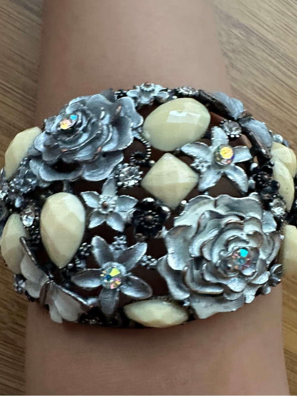 Silver Floral Cuff Bracelet with Cream Accents